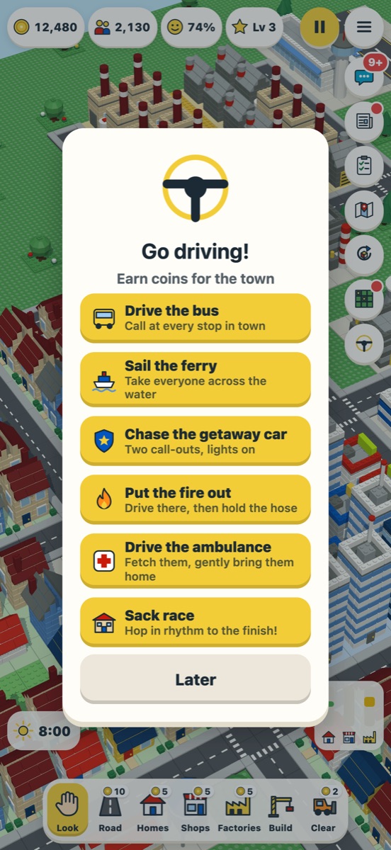 The Go driving menu: drive the bus, sail the ferry, chase the getaway car, put the fire out.