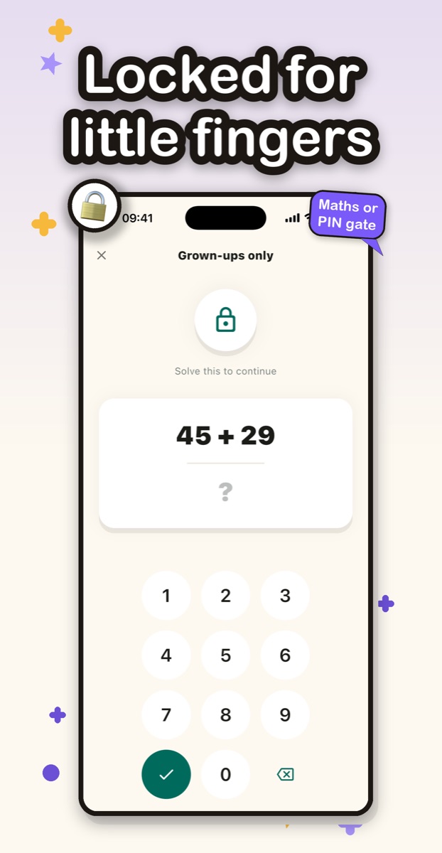 The grown-ups-only gate asking a maths question before opening Settings.