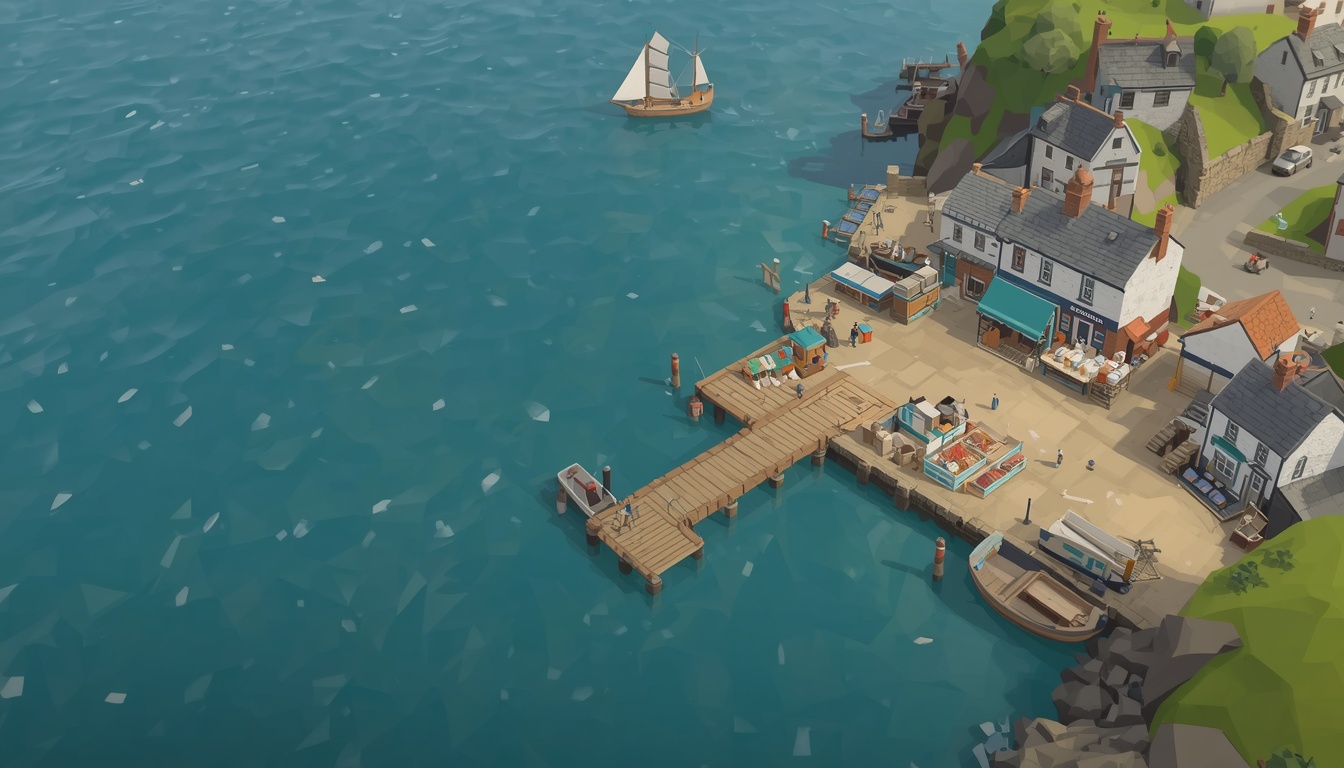 Aerial low-poly view of a Cornish harbour village from the Lobster Catcher game — a sailboat on teal water beside a wooden fishing dock and quayside market stalls.
